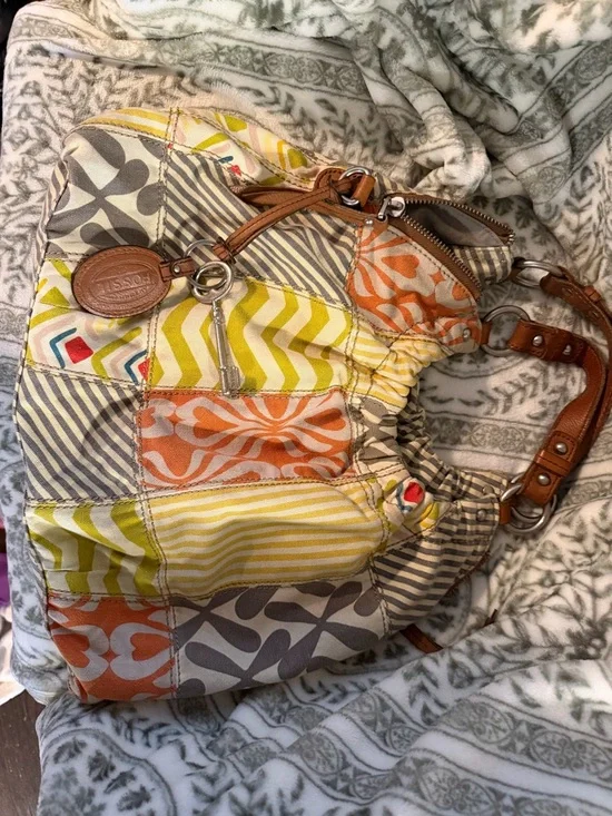 Fossil Patchwork Quilted Shoulder Bag in Orange, Yellow, Gray & Tan - Picture 1 of 4